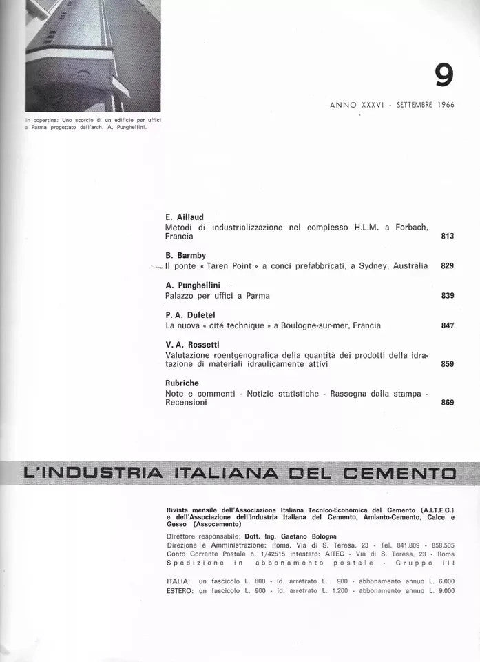 INGEGNERIA L'INDUSTRIA ITALIANA DEL CEMENTO N° 9 SETTEMBRE 1966 VEDI SOMMARIO