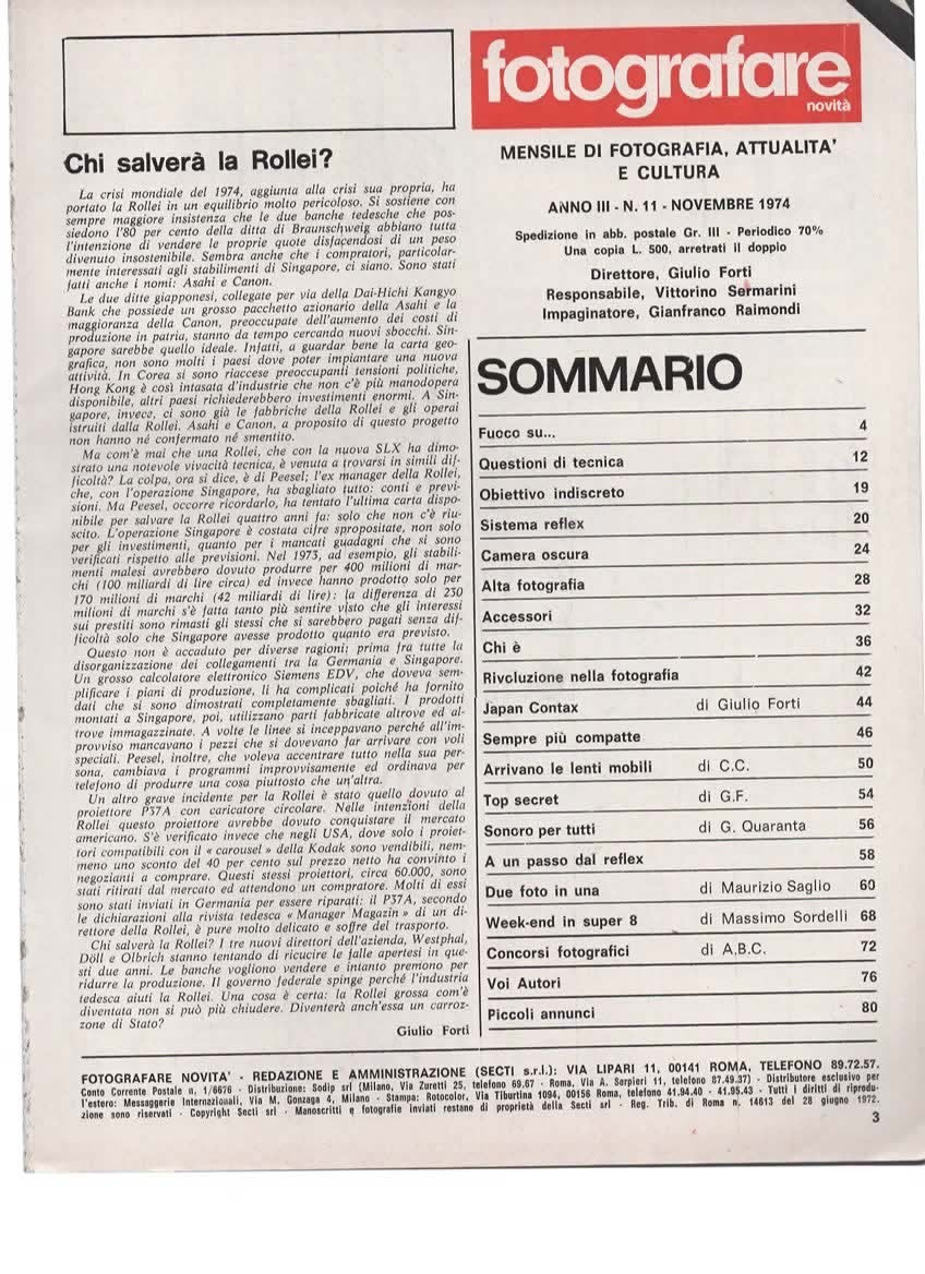 RIVISTA FOTOGRAFARE ANNO III N 11 NOVEMBRE 1974 - LA CONTAX GIAPPONESE