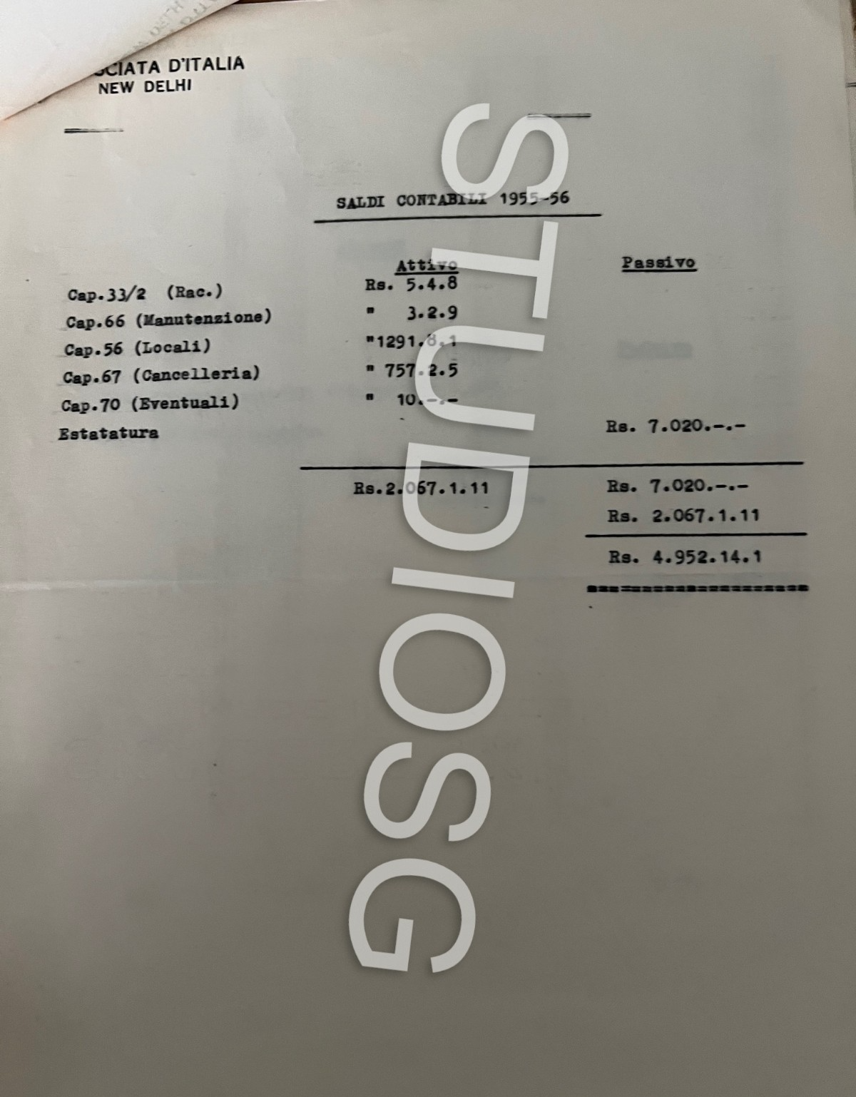 1956 AMBASCIATA D'ITALIA NEW DELHI DOCUMENTO STORICO 7 PAGINE CONTABILITA'