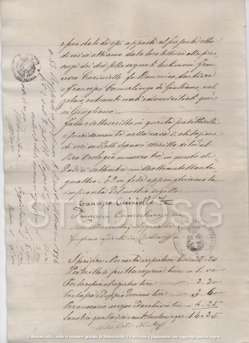 MANOSCRITTO 1884 GIUGLIANO IN CAMPANIA NAPOLI ATTO NOTARILE CON ALLEGATA VALUTAZ