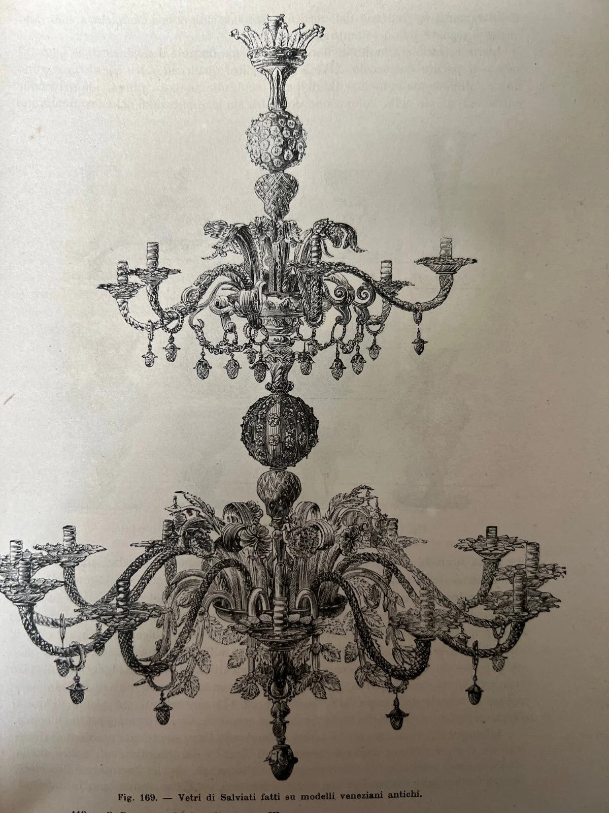 STAMPA 1886 LAMPADARIO VETRI DI SALVIATI FATTI SU MODELLI VENEZIANI ANTICHI