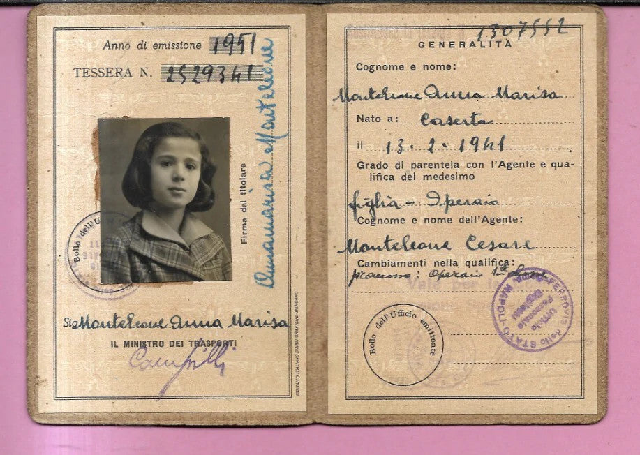 1951 TESSERA DI RICONOSCIMENTO FERROVIE DELLO STATO MINISTERO TRASPORTI BAMBINA