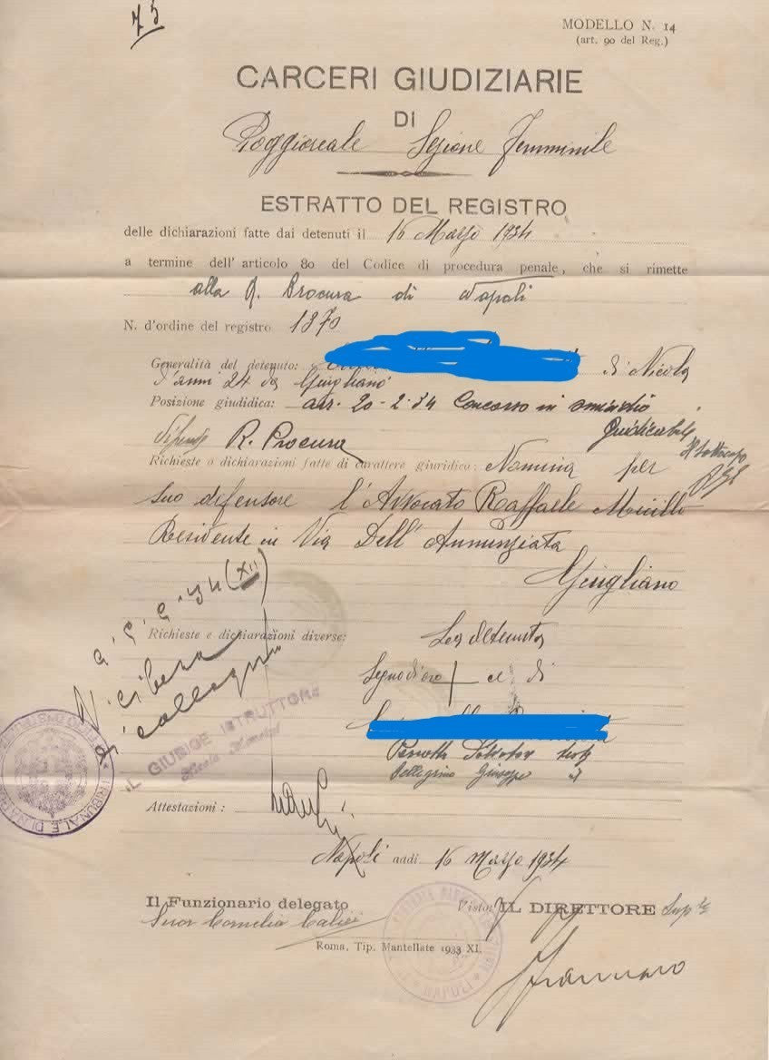 LETTERA STAMPATO 1934 CARCERI GIUDIZIARIE DI NAPOLI POGGIOREALE SEZ. FEMMINILE