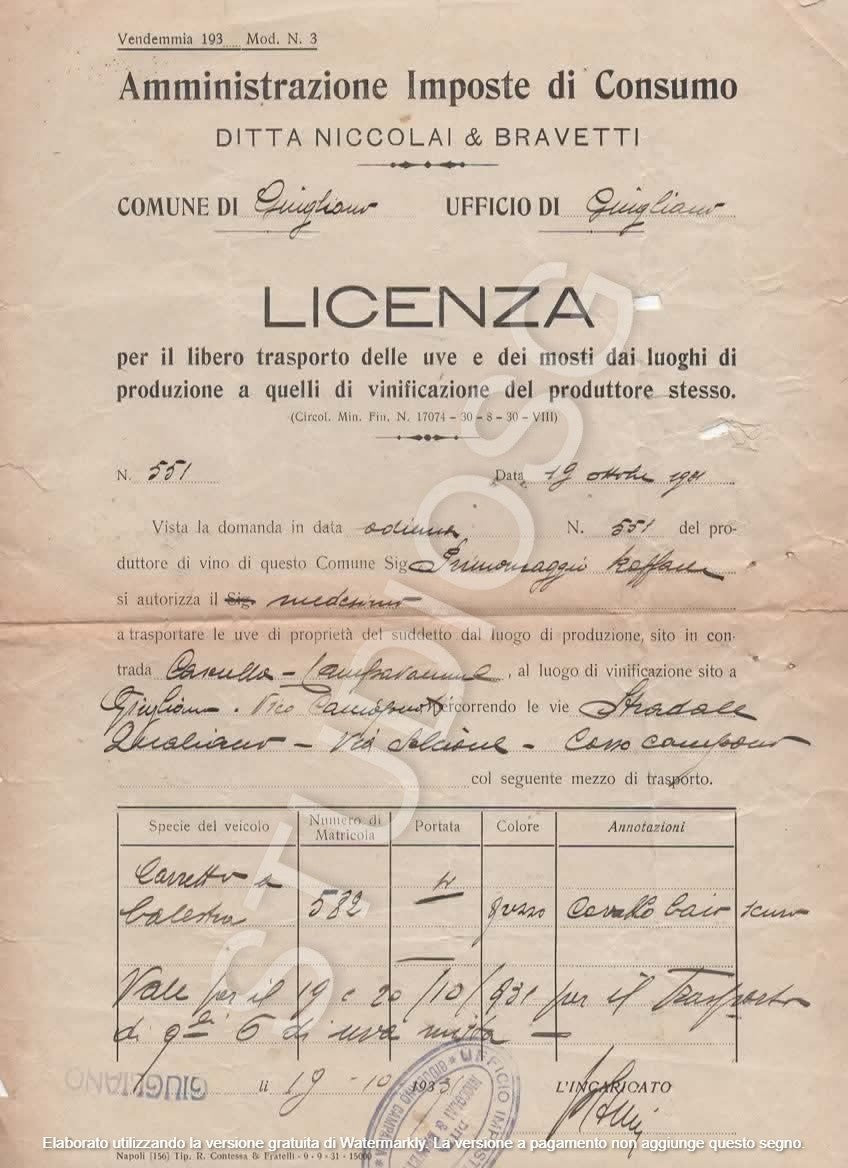 GIUGLIANO IN CAMPANIA 1931 LICENZA TRASPORTO UVE E MOSTI PER LA VINIFICAZIONE