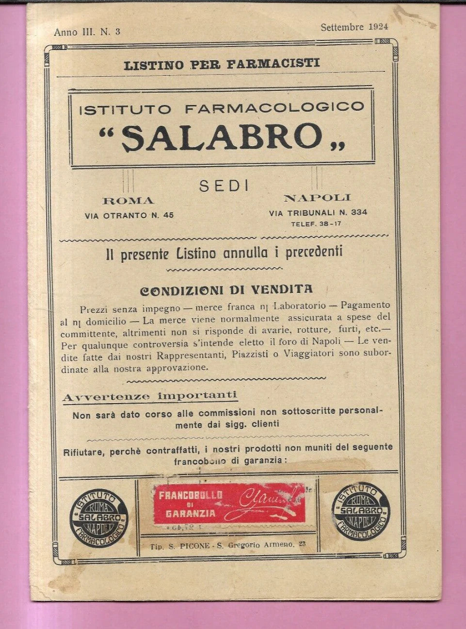 1924 LISTINO PER FARMACISTI ISTITUTO FARMACOLOGICO SALABRO ROMA - NAPOLI