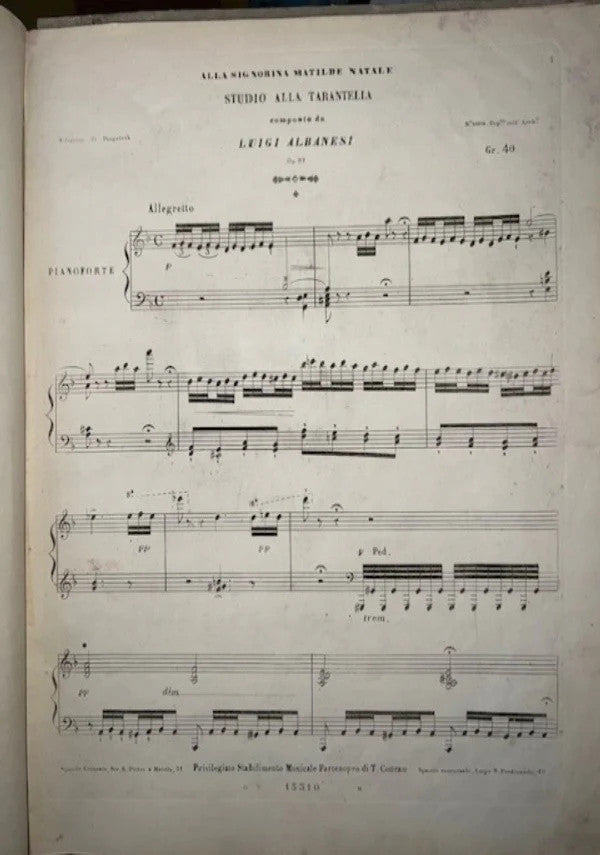 SPARTITO 1860 Studio alla Tarantella Luigi Albanesi, Napoli Cottrau