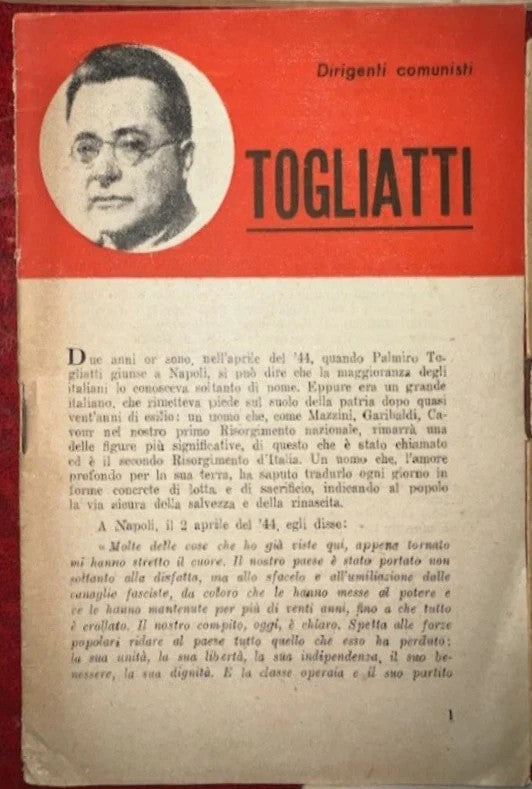 Togliatti A Cura Della Commissione Propaganda Del P.C.I. DIRIGENTI COMUNISTI