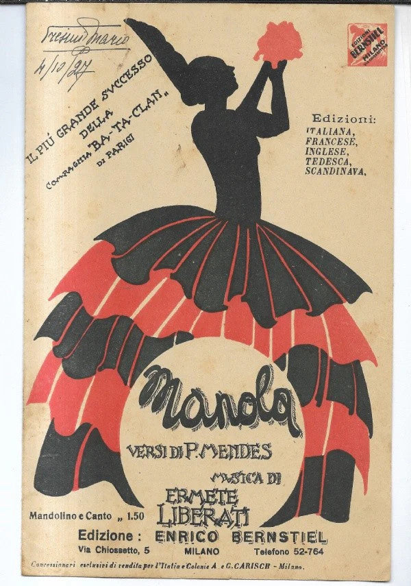 MANOLA di P. Mendes - Ermete Liberati, 1927, Enrico Bernstiel Mandolino e cant