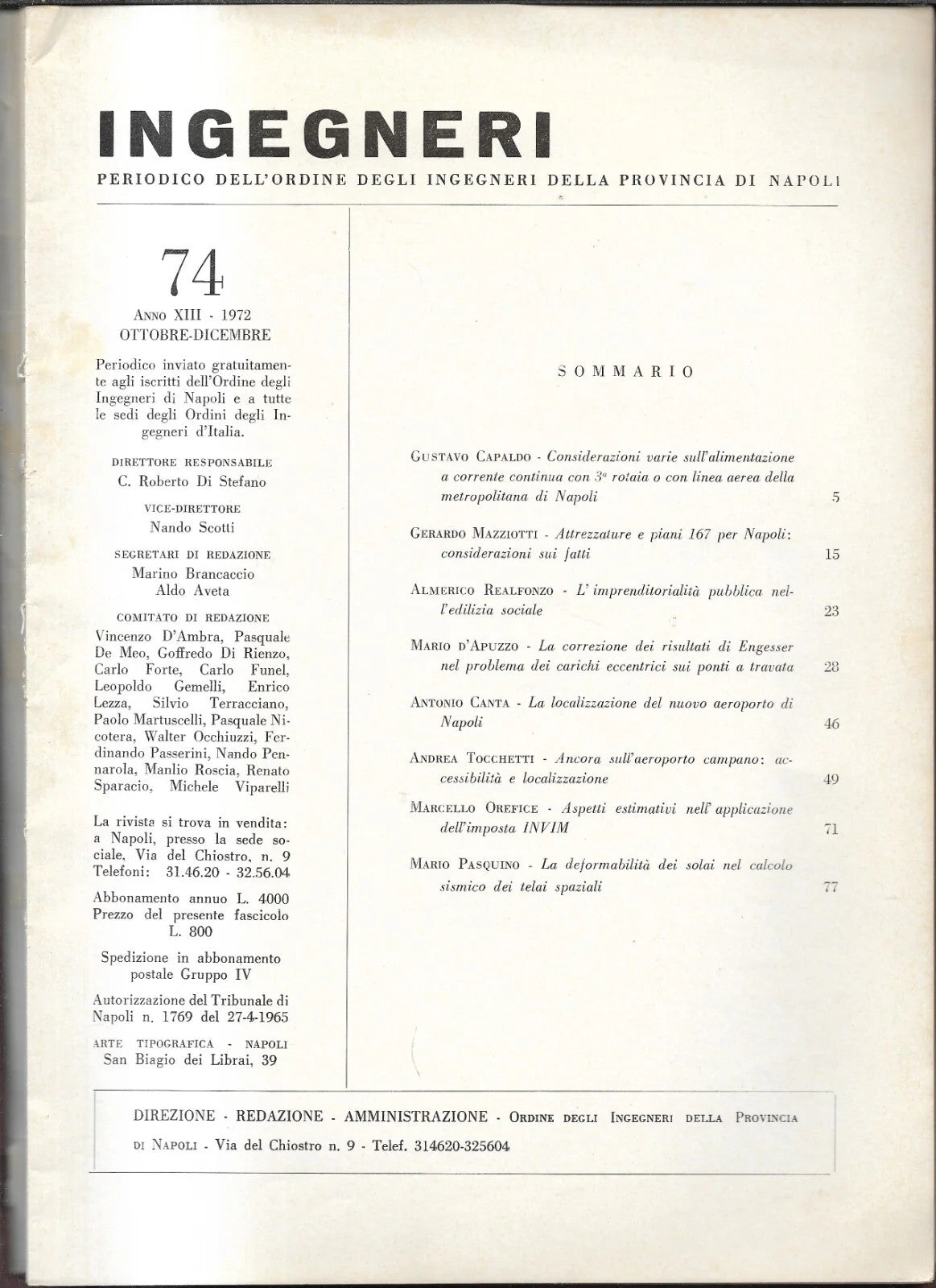 INGEGNERI N. 74 , 1972 PERIODICO, NAPOLI METROPOLITANA, PONTI A TRAVATA, AEROPOR