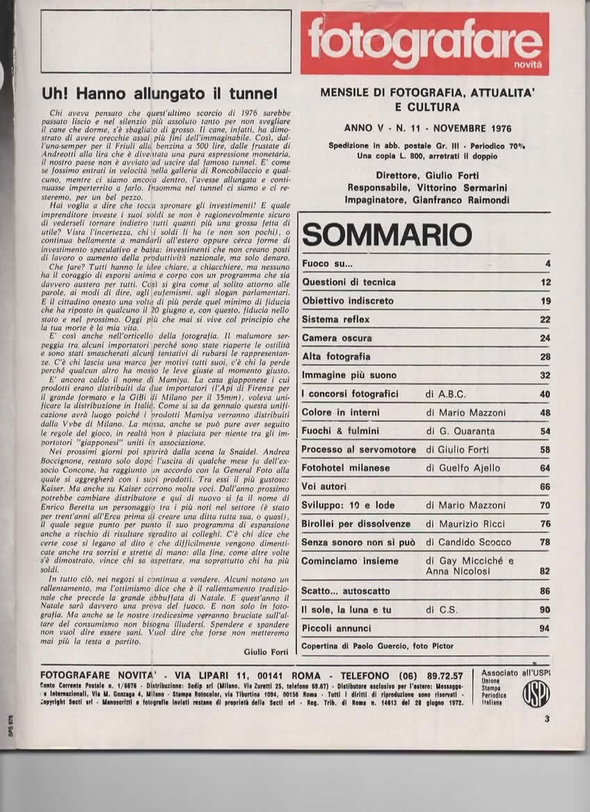 RIVISTA FOTOGRAFARE ANNO V N 11 NOVEMBRE 1976 - REFLEX 6 MOTORI COMPATTI