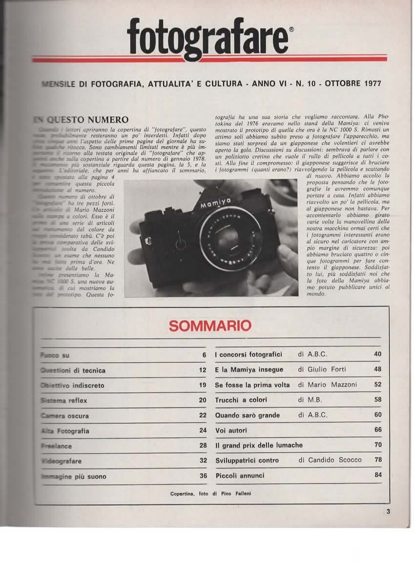 RIVISTA FOTOGRAFARE ANNO VI N 10 OTTOBRE 1977 - MAMIYA NC1000S