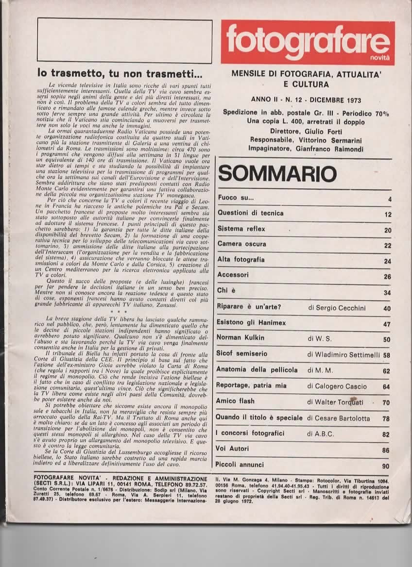 RIVISTA FOTOGRAFARE ANNO II N 12 DICEMBRE 1973 - NORMAN KULKIN