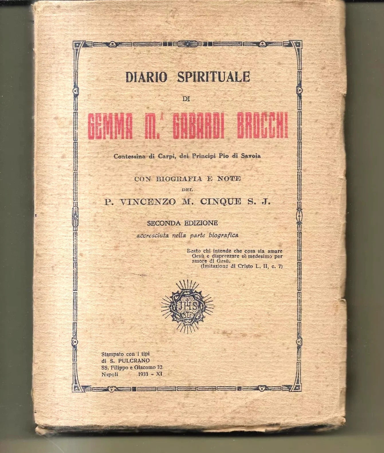 Diario Spirituale di Gemma Gabardi Brocchi (1872-1914), Contessina di Carpi 1933
