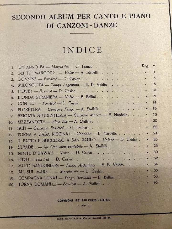 SPARTITI MUSICA - CANZONI E DANZE DI SUCCESSO 2° ALBUM CURCI 1931 RARO NAPOLI