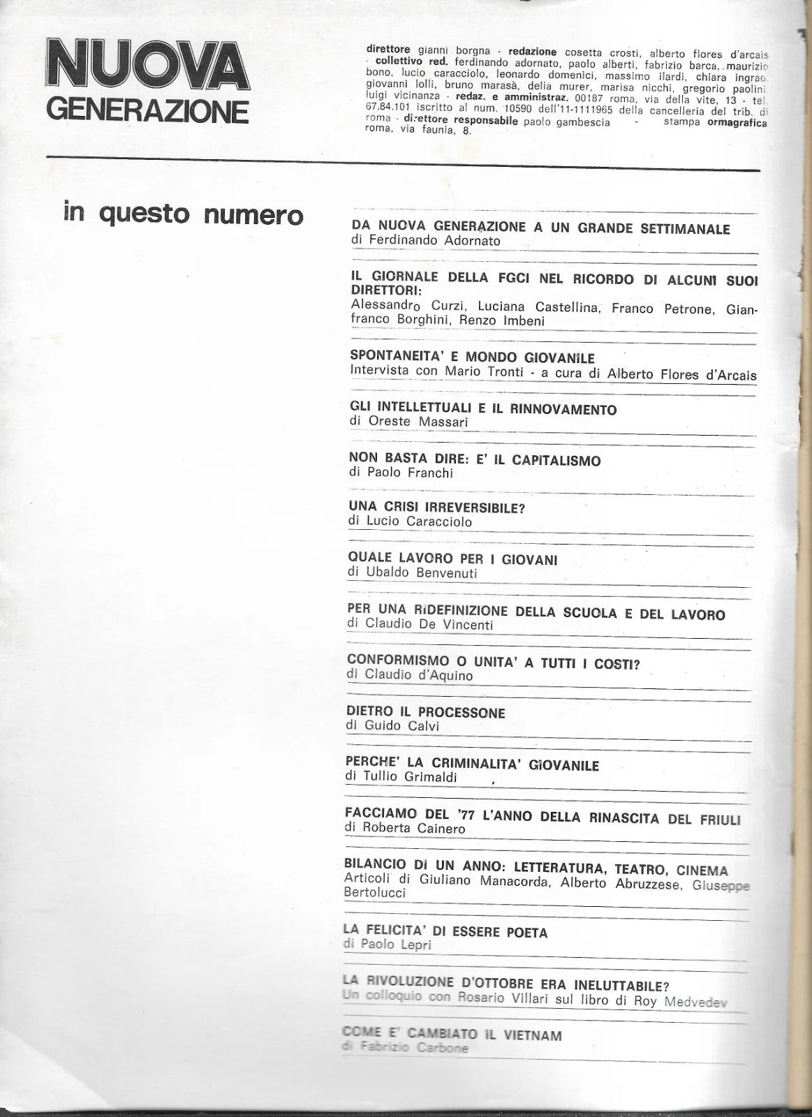 NUOVA GENERAZIONE GENNAIO 1977 RIVISTA DELLA FEDERAZIONE GIOVANILE COMUNISTA