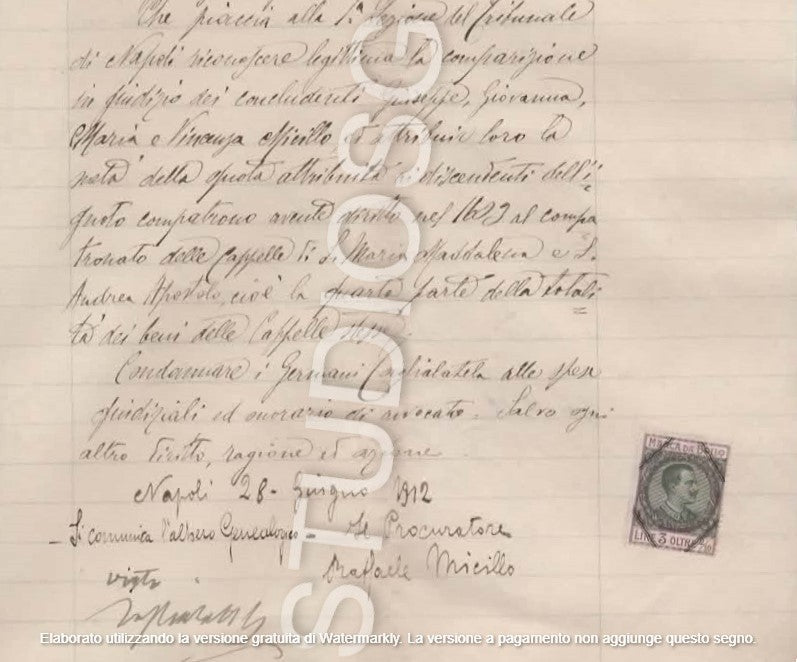 GIUGLIANO 1912 MANOSCRITTO DISPUTA LEGALE CAPPELLA S. MARIA MADDALENA S. ANDREA