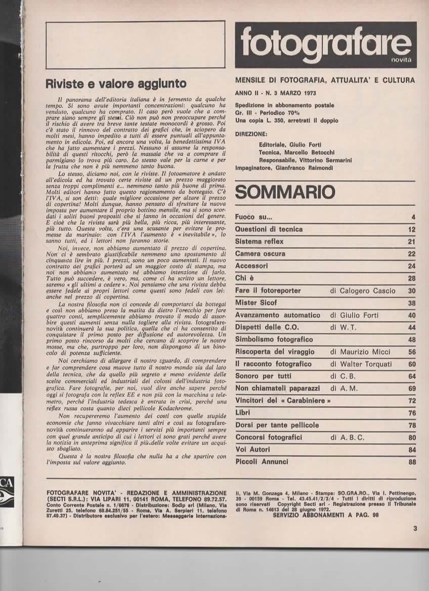 RIVISTA FOTOGRAFARE ANNO II N 3 MARZO 1973 - REFLEX NUOVA TOPCON A MOTORE