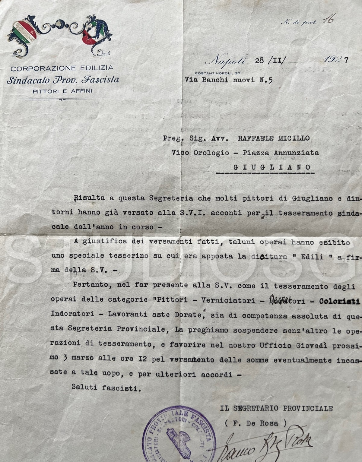 LETTERA E BUSTA 1927 CORPORAZIONE EDILIZIA SINDACATO FASCISTA PITTORI E AFFINI