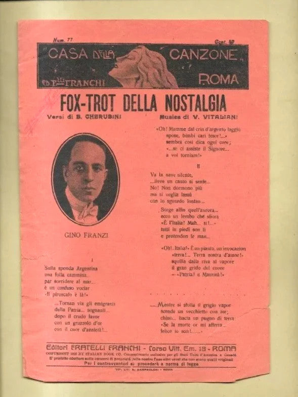 SPARTITO FOX-TROT DELLA NOSTALGIA CHERUBINI - VITALIANI CASA CANZ. FRANCHI 1923