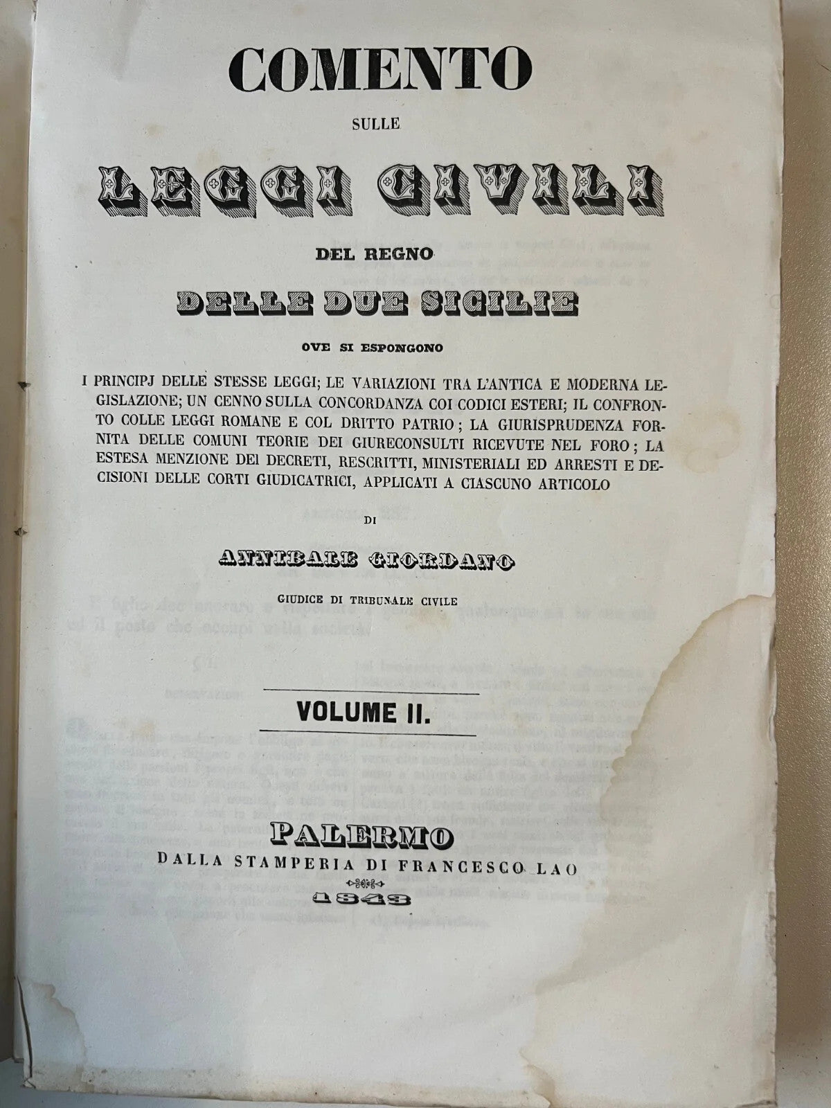 COMENTO SULLE LEGGI CIVILI DEL REGNO DELLE DUE SICILIE A. GIORDANO 1843 PALERMO