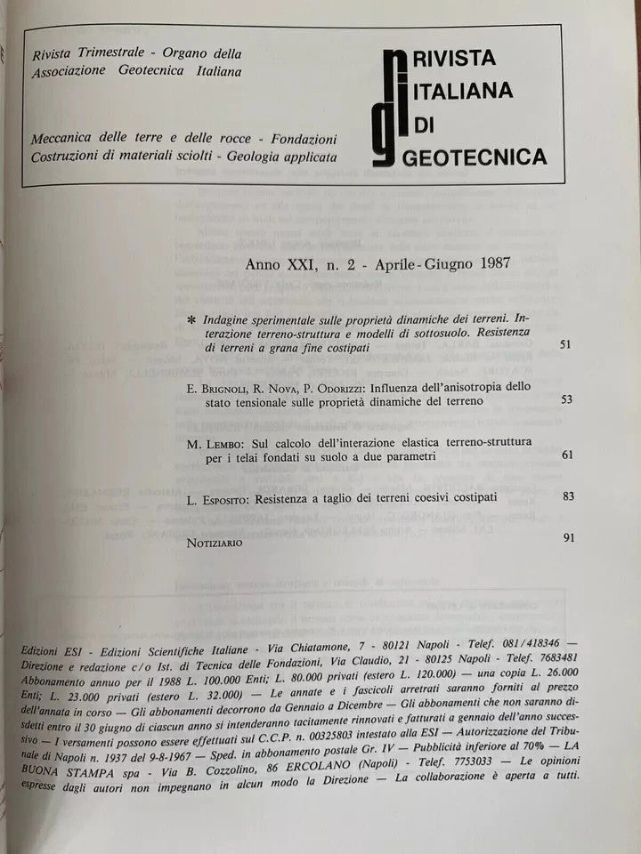 RIVISTA ITALIANA DI GEOTECNICA N° 2 - 1987 MECCANICA DELLE TERRE E DELLE ROCCE