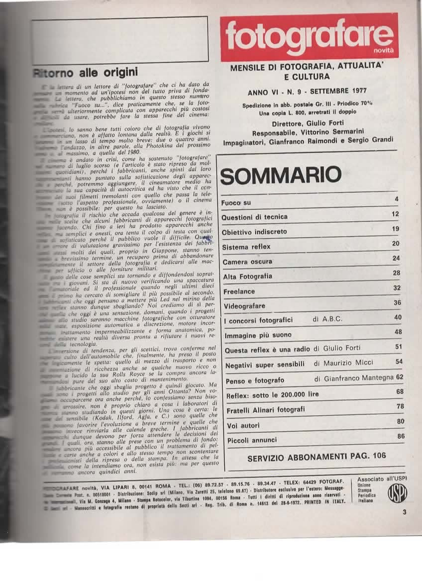 RIVISTA FOTOGRAFARE ANNO VI N 9 SETTEMBRE 1977 - CONFRONTO TRA 5 REFLEX
