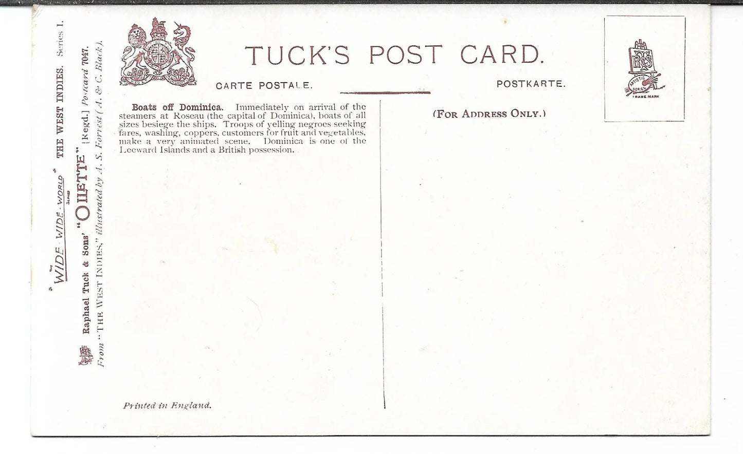 TUCK'S POST CARD THE WEST INDIES A MARTINIQUE LADY ILLUSTRATED BY A.S. FORREST
