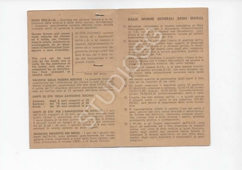 1971 TESSERA ASSOCIAZIONE ITALIANA ALBERGHI PER LA GIOVENTU' GIORNALISTA BEIRUT