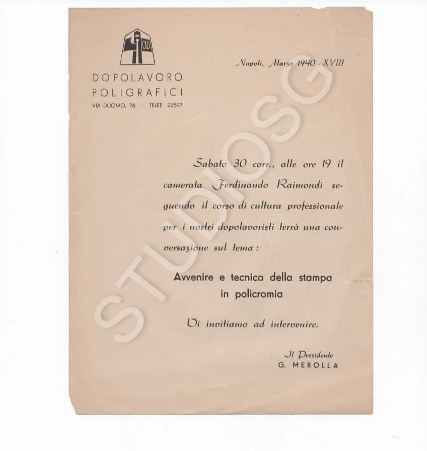 1940 VOLANTINO OND NAPOLI DOPOLAVORO POLIGRAFICI AVVENIRE E TECNICA DELLA STAMPA