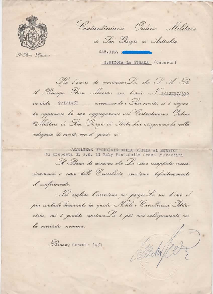COSTANTINIANO ORDINE MILITARE DI SAN GIORGIO DI ANTIOCHIA LETTERA NOMINA CAVALIE
