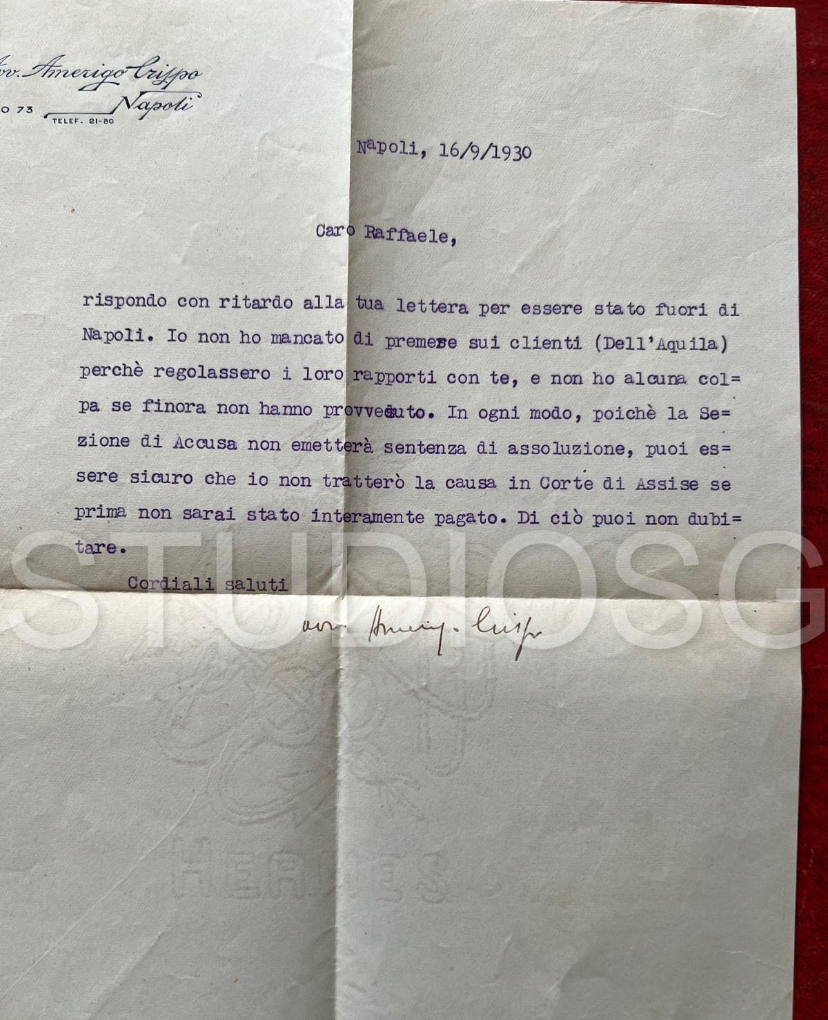 1930 LETTERA AUTOGRAFA AVV. AMERIGO CRISPO DEPUTATO ASSEMBLEA COSTITUENTE