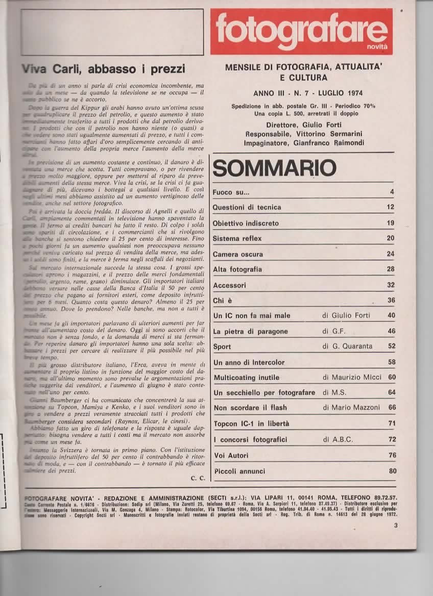 RIVISTA FOTOGRAFARE ANNO III N 7 LUGLIO 1974 - CANON EF