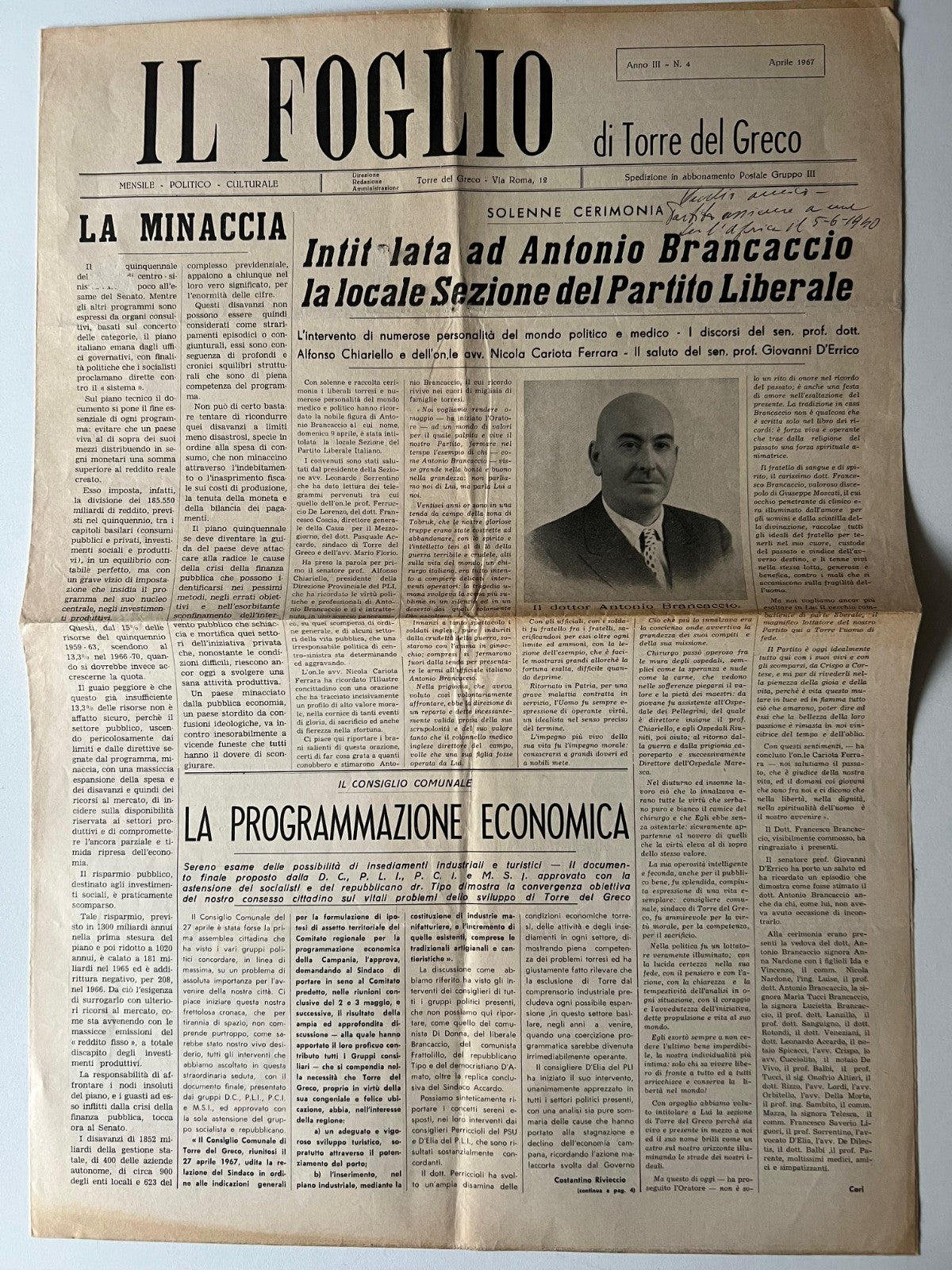 IL FOGLIO DI TORRE DEL GRECO MENSILE POLITICO CULTURALE 1967 APRILE
