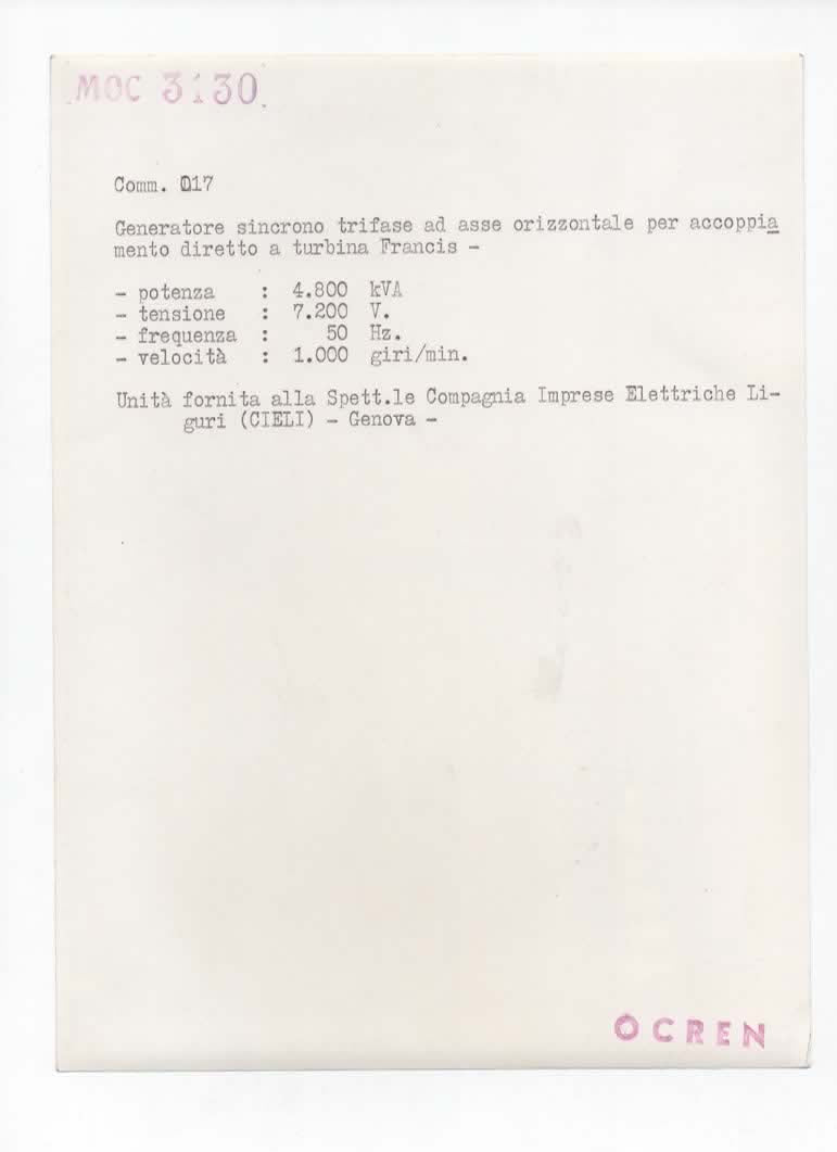 Fotografia tecnica industriale – generatore sincrono trifase – OCREN / CIELI Genova – anni ’50