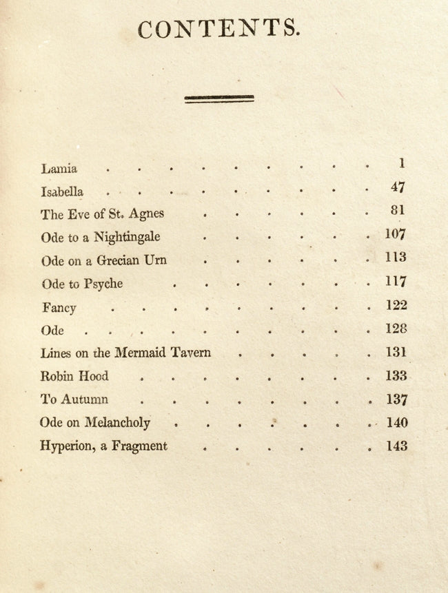 KEATS, John. Lamia, Isabella, the Eve of St. Agnes, and Other Poems. London: Taylor and Hessey, 1820. True First Edition.