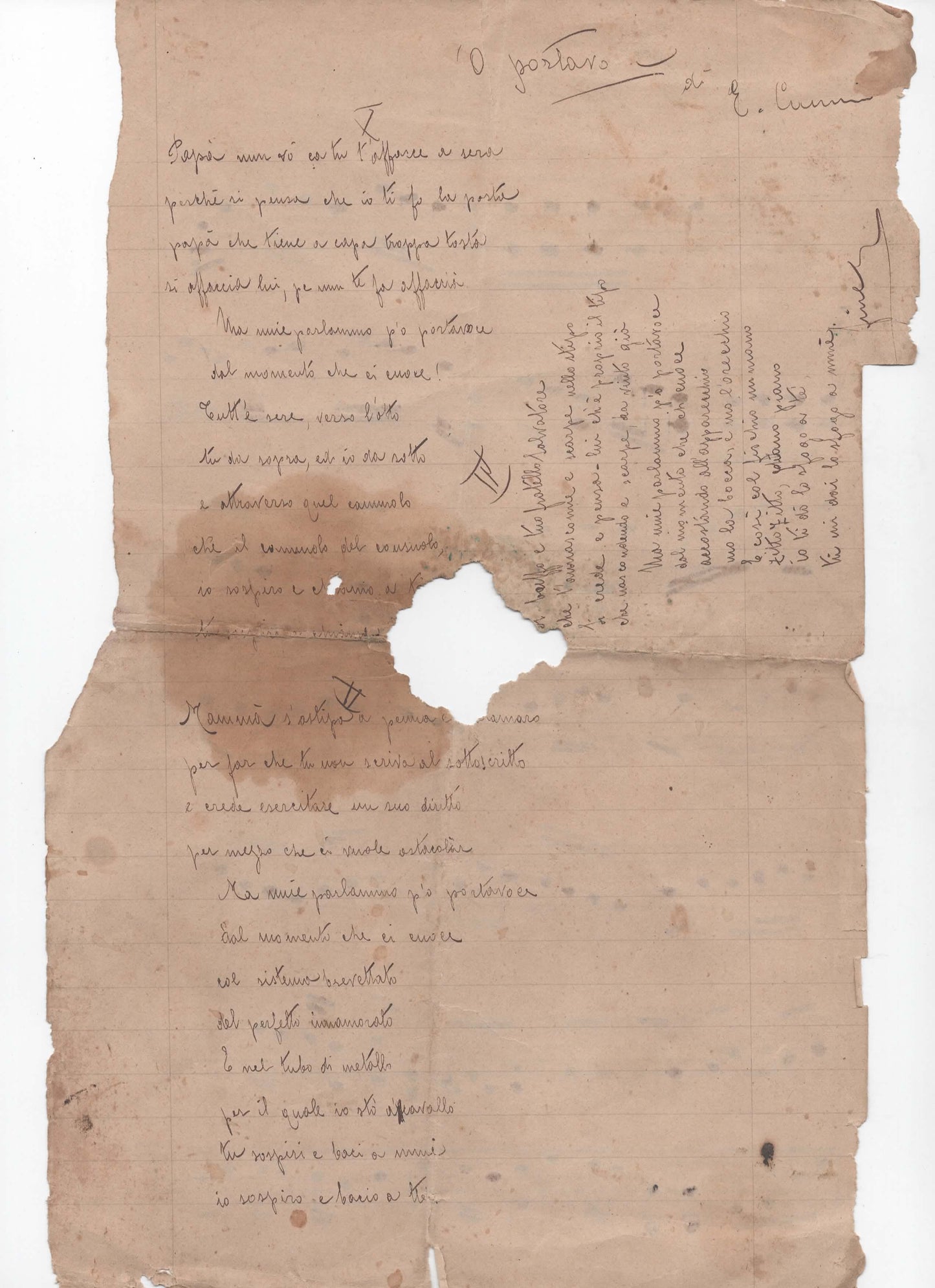 Raro Manoscritto Musicale "'O Portavoce" - Musica di E. Cannio - Versi di Almari - Testo e Spartito Originale 1921
