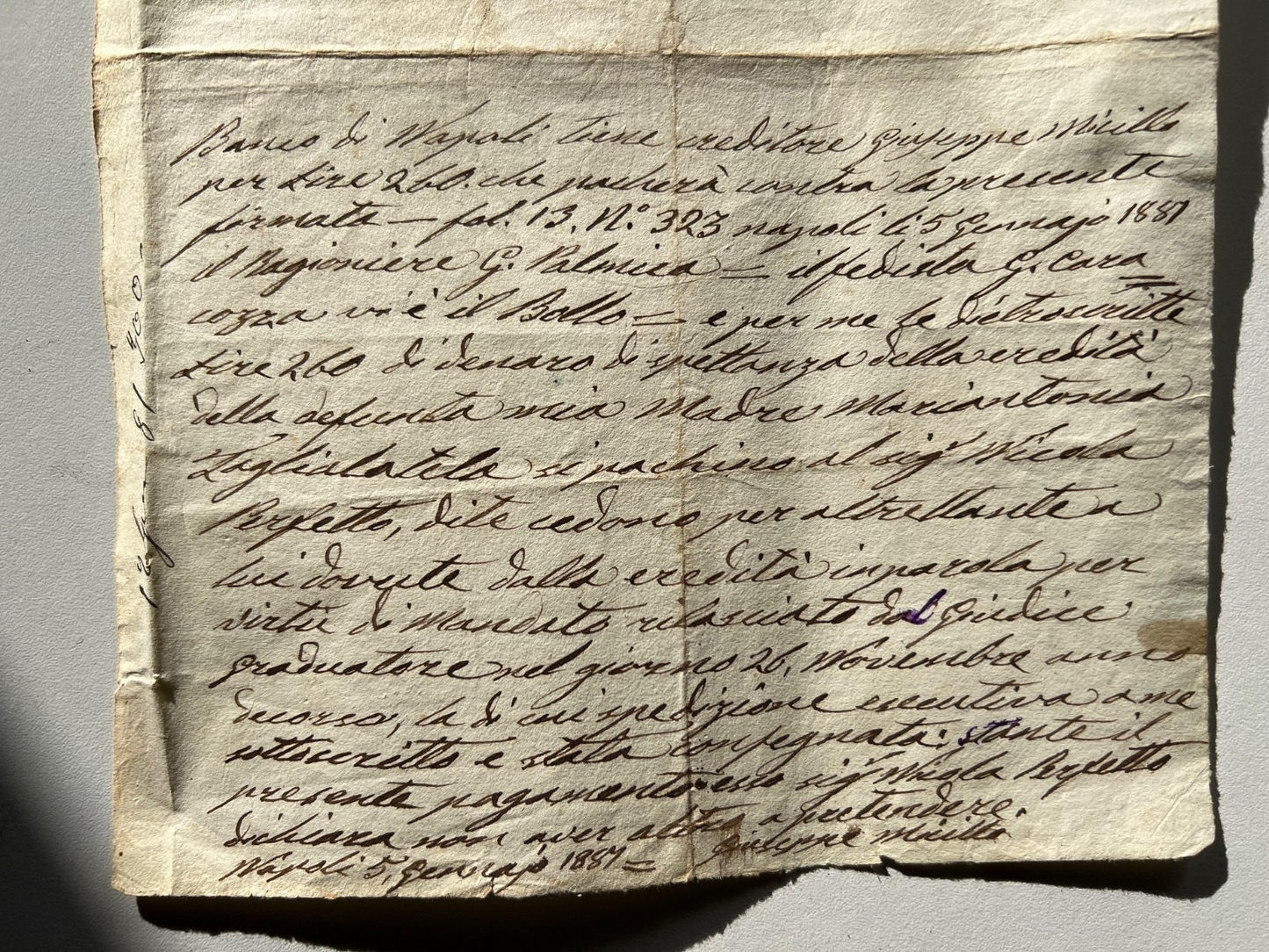 BANCO DI NAPOLI 1881 DOCUMENTO STORICO FEDE DI CREDITO, MANOSCRITTO