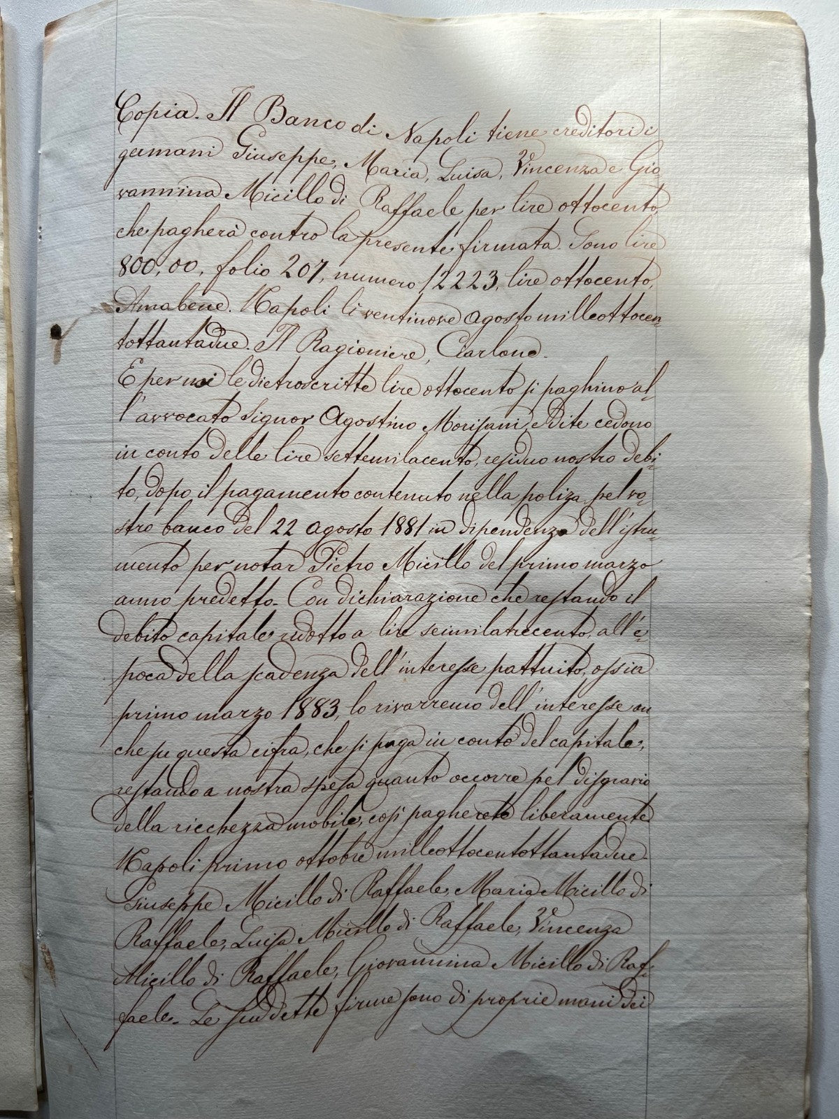 Banco di Napoli Fede di credito 1881 , 2 Manoscritti Giugliano