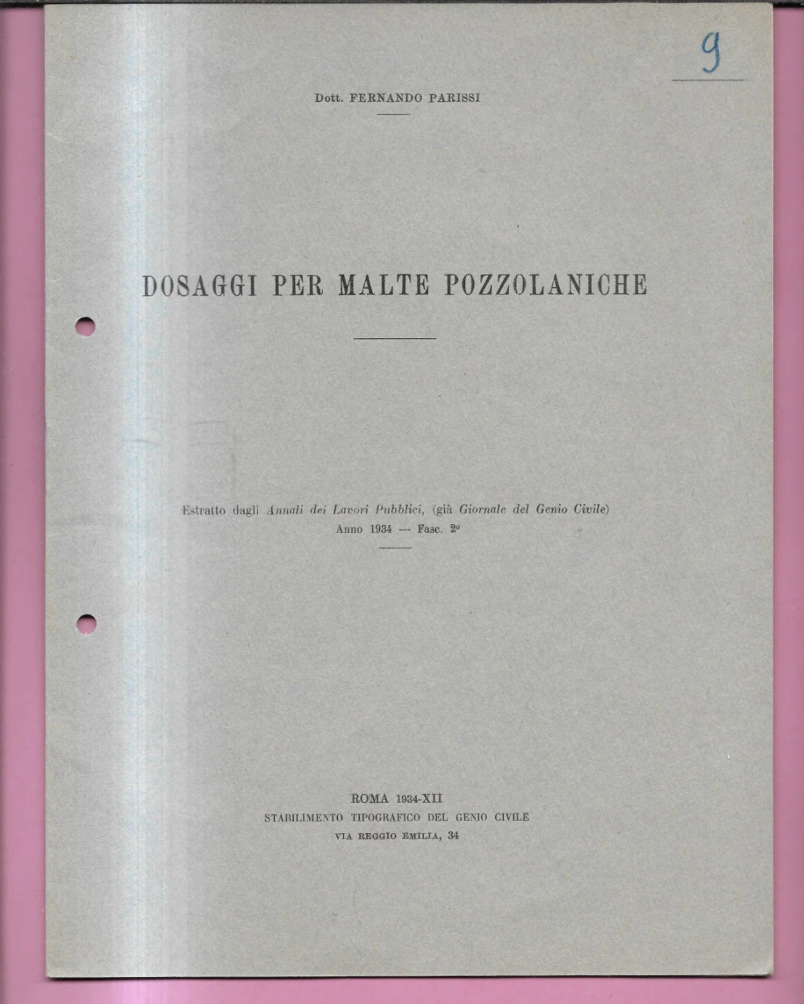 DOSAGGI PER MALTE POZZOLANICHE F. PARISSI 1934 TIPOG. GENIO CIVILE