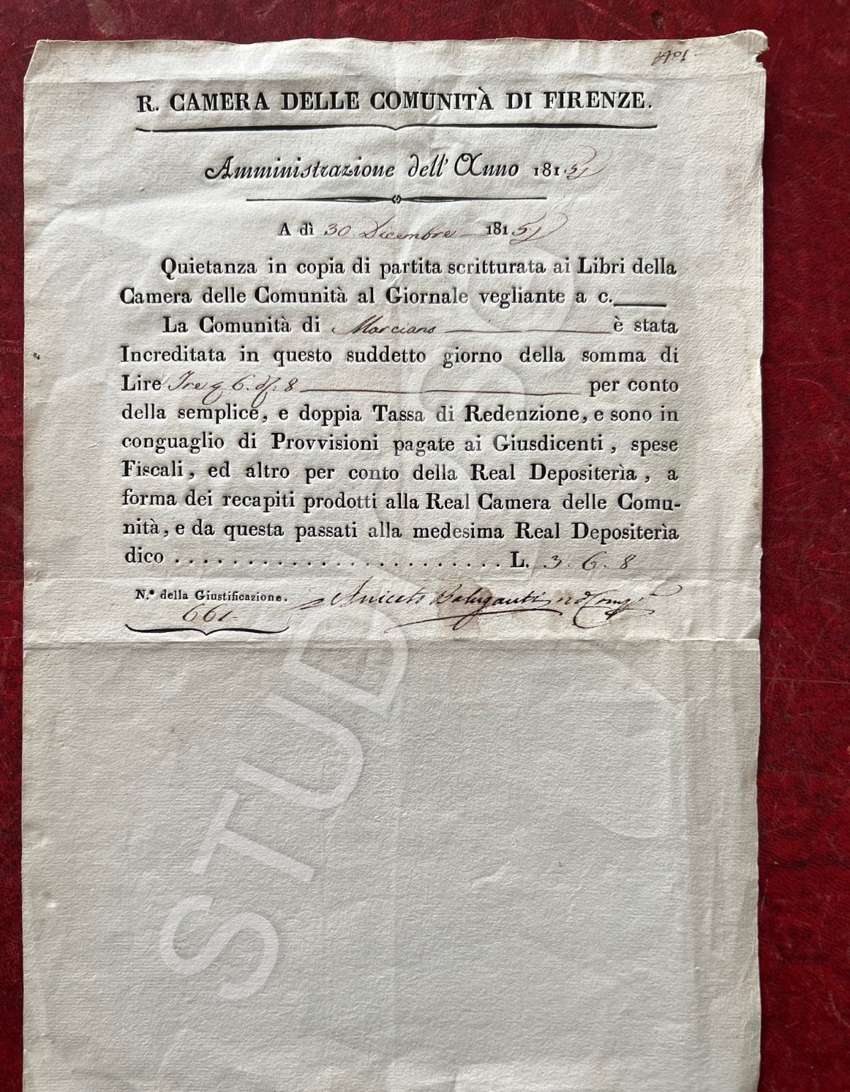1815 REGIA CAMERA DELLE COMUNITA' FIRENZE ANICETO BALUGANTI QUIETANZA TASSA REDE