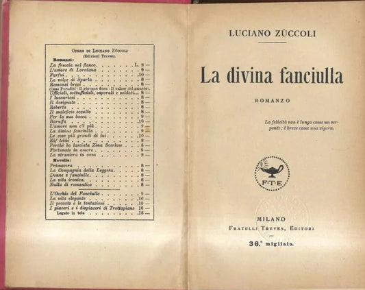 LUCIANO ZUCCOLI LA DIVINAFANCIULLA F.LLI TREVES 1926 RILEGATO