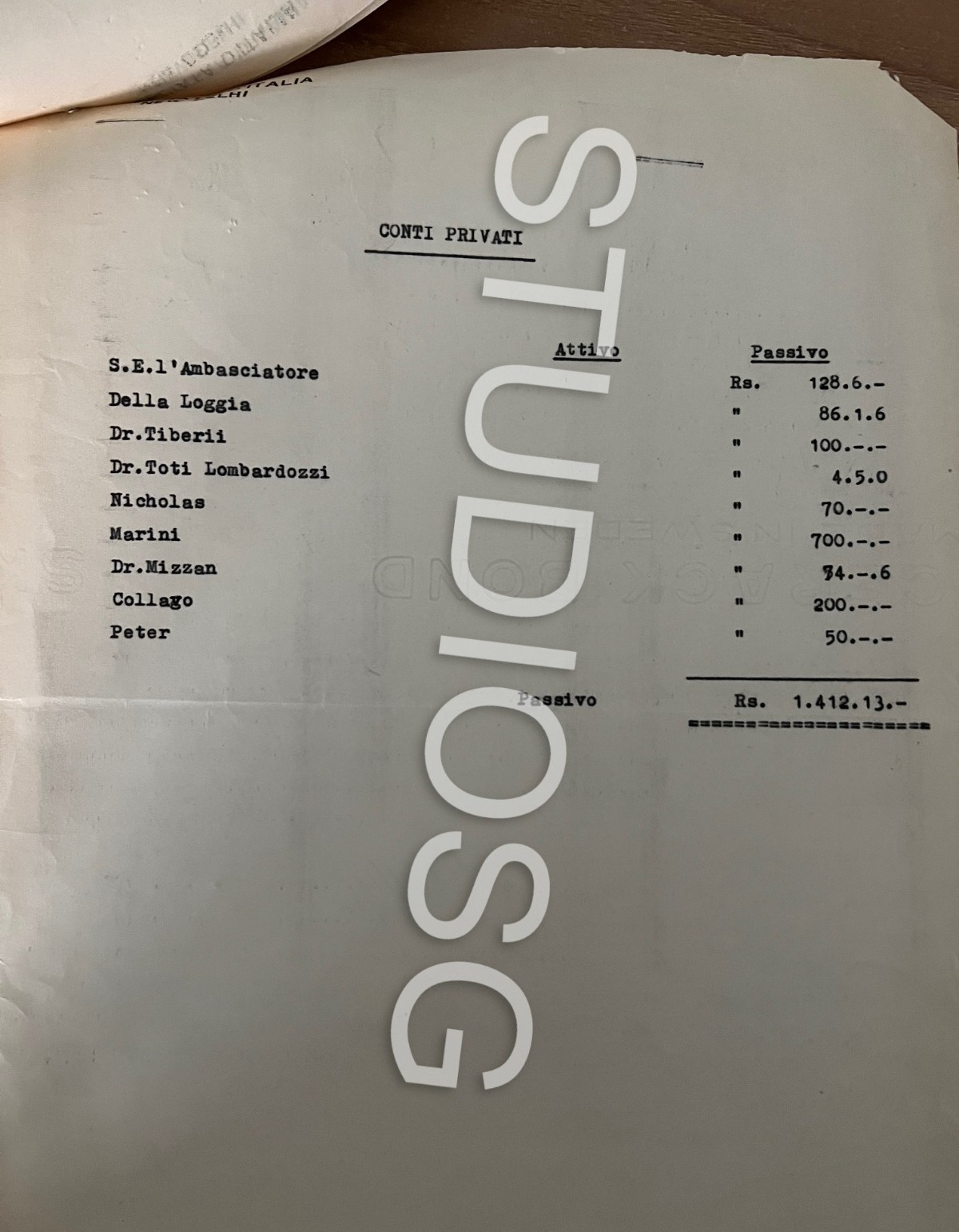 1956 AMBASCIATA D'ITALIA NEW DELHI DOCUMENTO STORICO 7 PAGINE CONTABILITA'