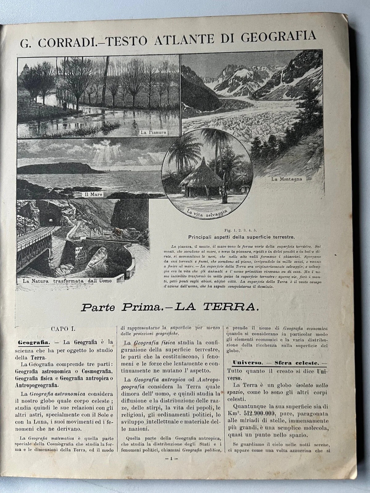 G. CORRADI TESTO ATLANTE DI GEOGRAFIA VOLUME PRIMO REMO SANDRON 1911 F. NONNI