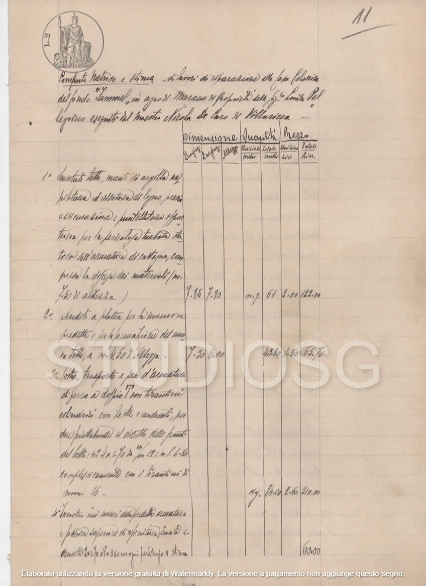 MANOSCRITTO 1929 COMPUTO METRICO E STIMA DI LAVORI CASA COLONICA GIUGLIANO BOLLI