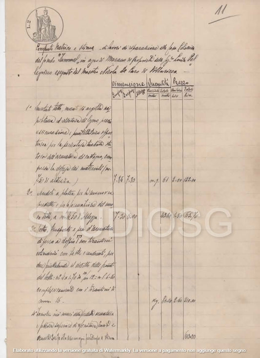 MANOSCRITTO 1929 COMPUTO METRICO E STIMA DI LAVORI CASA COLONICA GIUGLIANO BOLLI