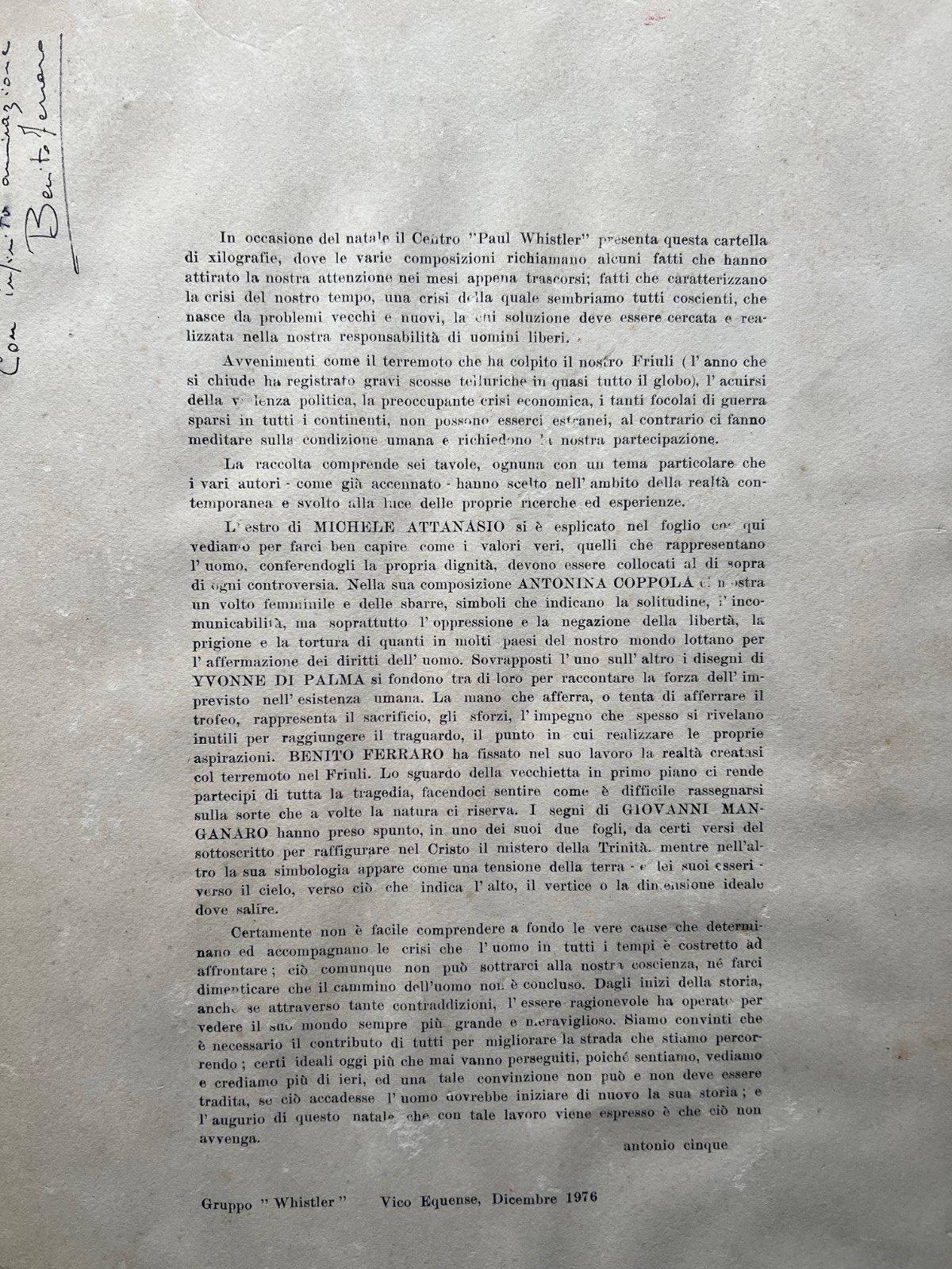 1976 TERREMOTO FRIULI XILOGRAFIA  BENITO FERRARO VICO EQUENSE cm 55 x 40