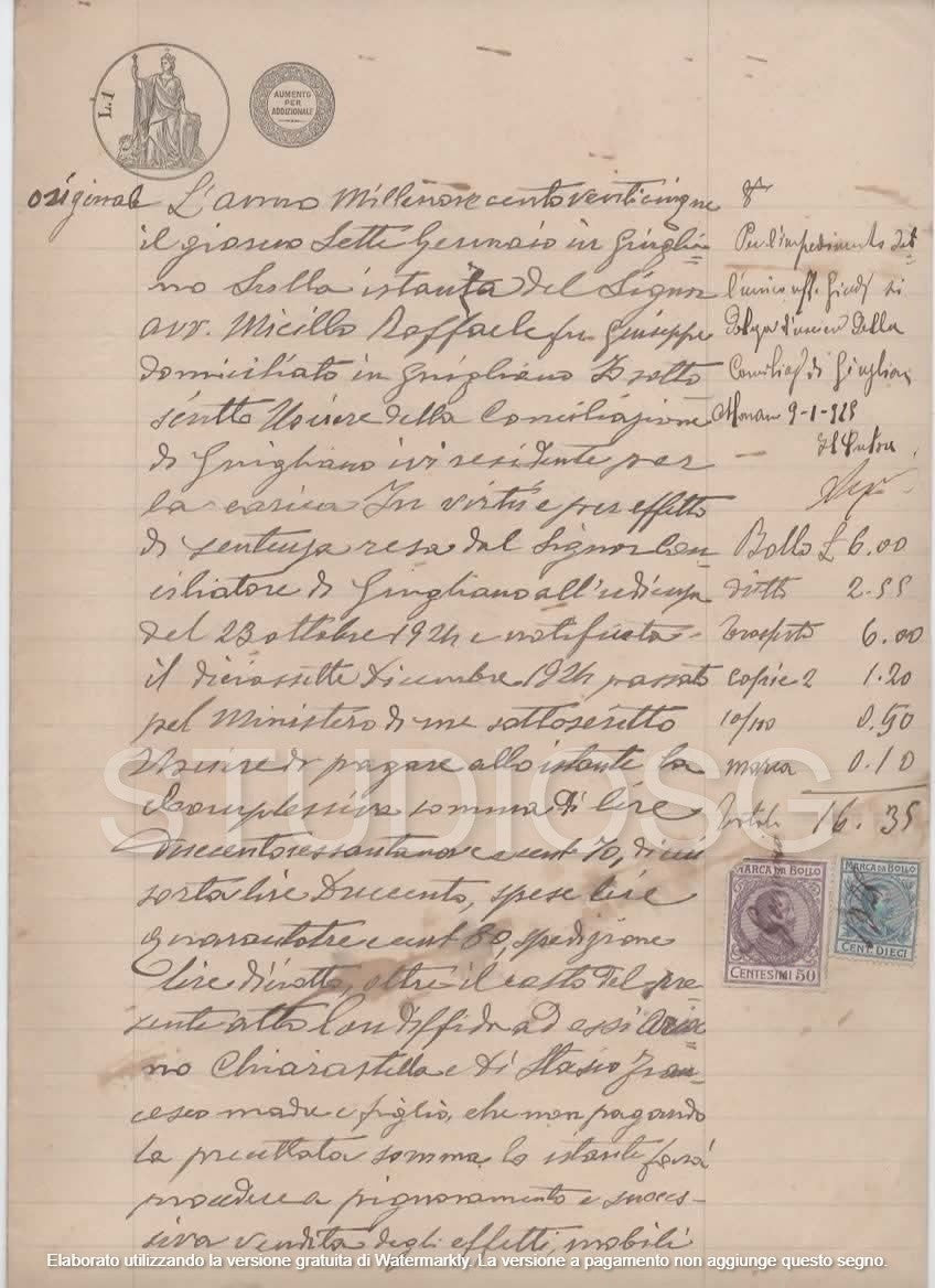 MANOSCRITTO 1925 GIUGLIANO ATTO DI PIGNORAMENTO CON BOLLI