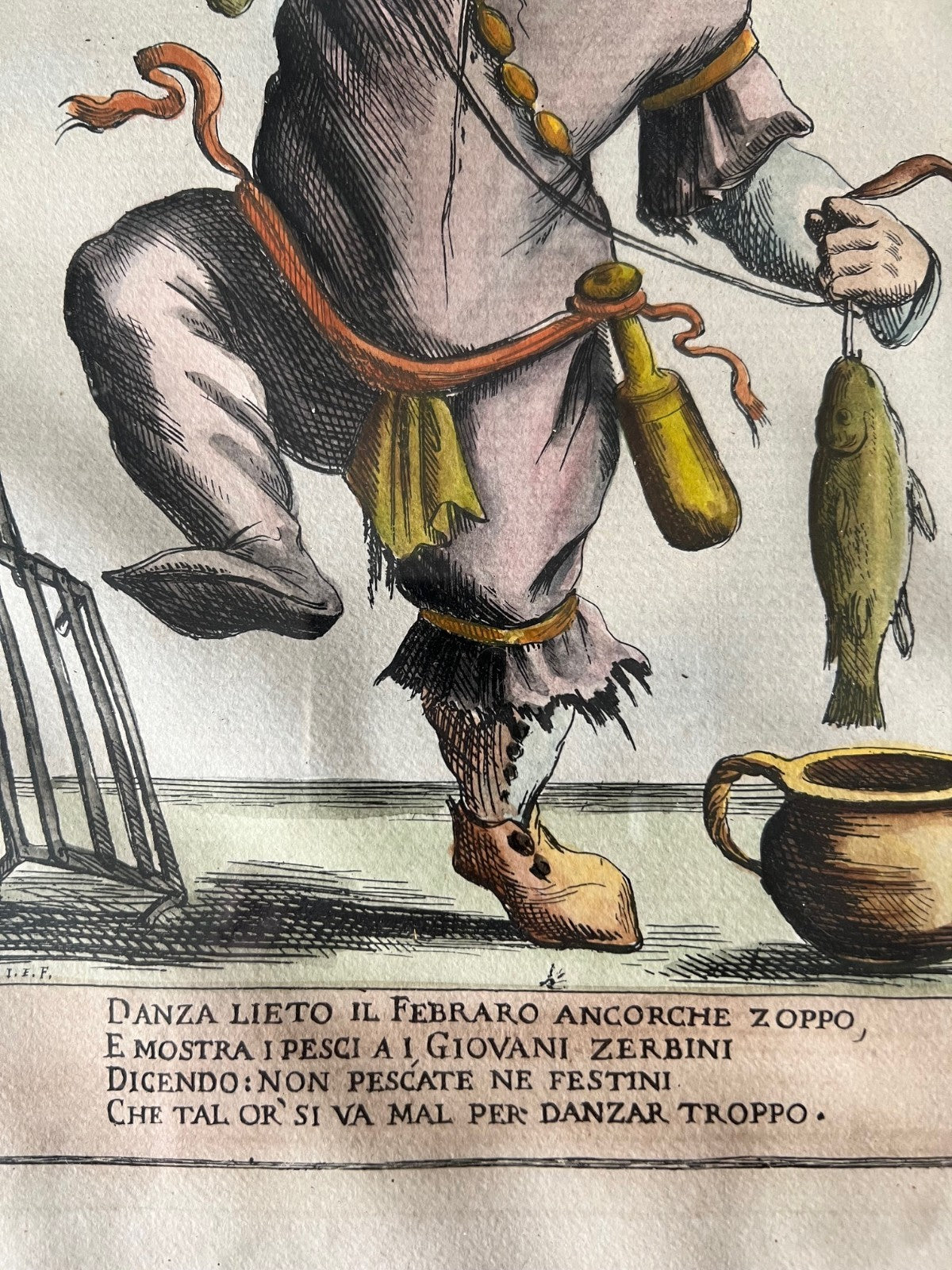 INCISIONE ACQUARELLATA FEBBRAIO PESCI GIUSEPPE MARIA MITELLI 45 X 35