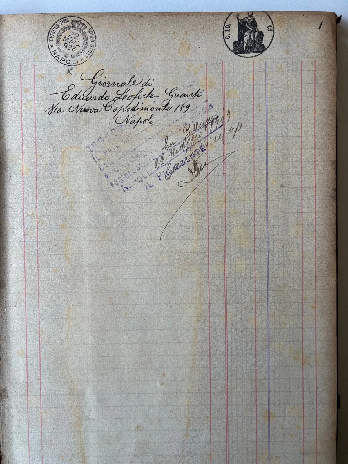 NAPOLI 1923 GIORNALE DI CASSA E. LEOFORTE GUANTI BOLLI VIDIMATO, 200 PAGINE