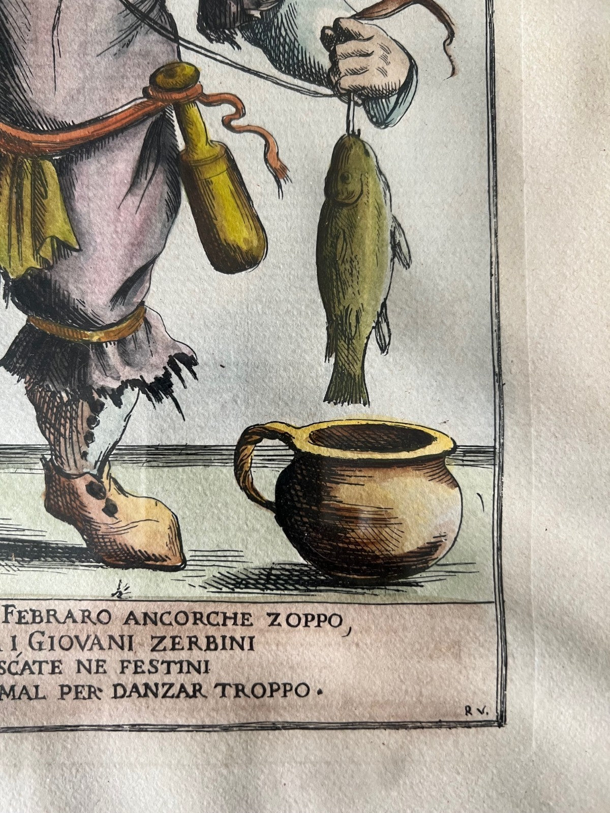 INCISIONE ACQUARELLATA FEBBRAIO PESCI GIUSEPPE MARIA MITELLI 45 X 35
